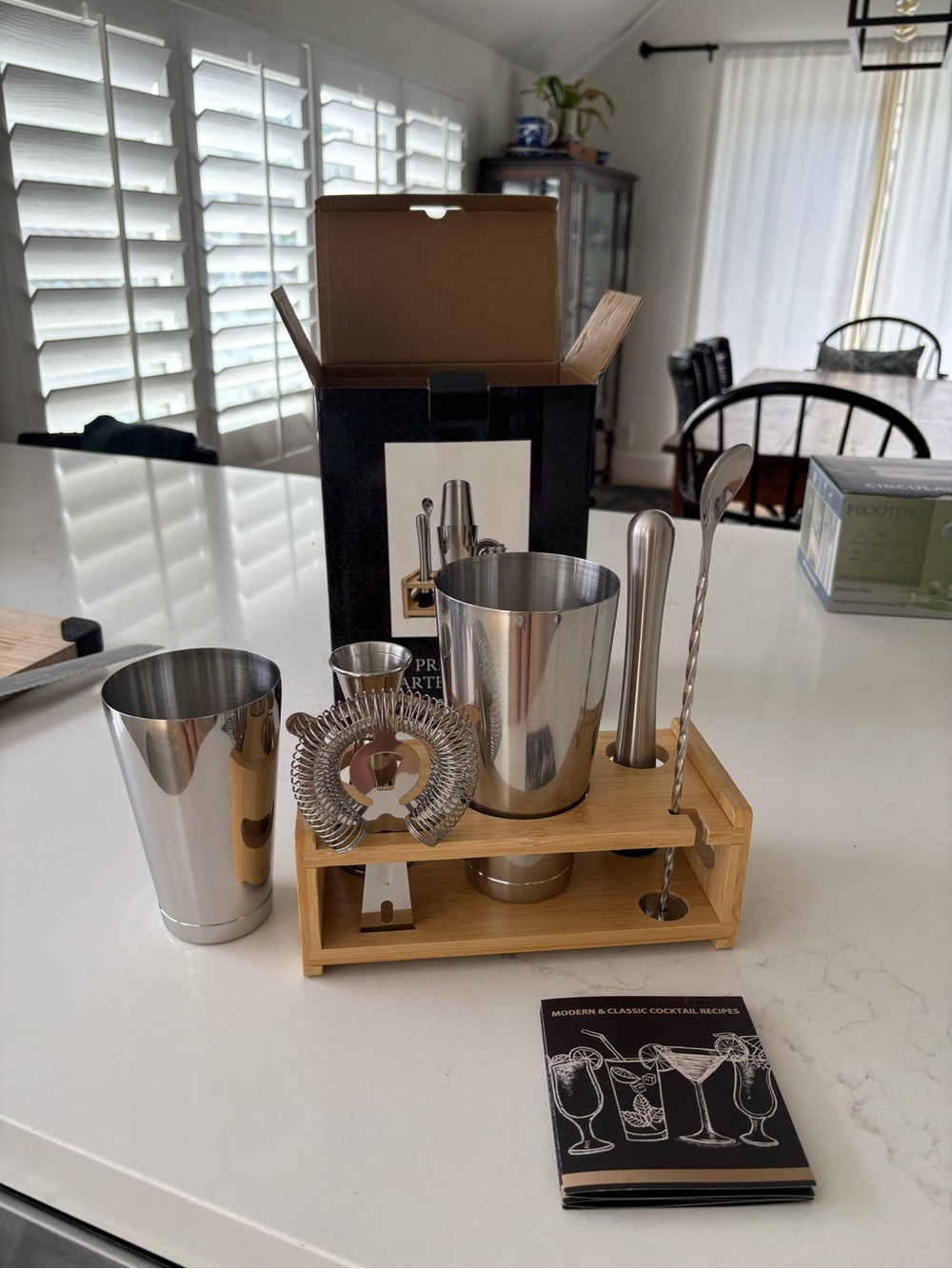 Stainless Steel Cocktail Bar Set with Bamboo Stand - Silver